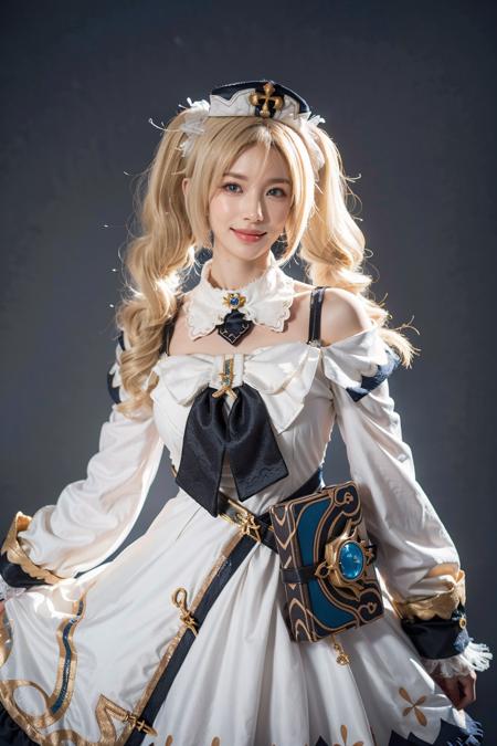 best quality, masterpiece, photorealistic, 1girl, solo, standing, cowboy shot, looking at viewer, smile, closed mouth, barbara cosplay costume, cosplay, blonde hair, hair between eyes, twintails, dress, long sleeves, hat, detached collar, waist bag, simple background, <lora:genshin_Barbara_cosplay_v1:0.6>