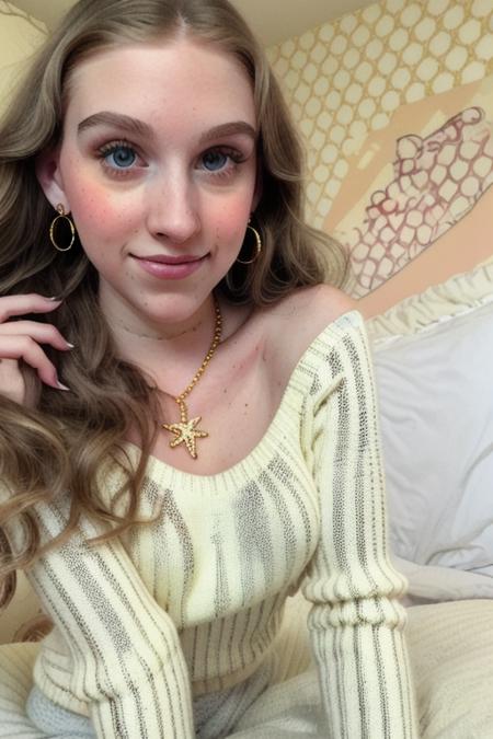 a stunning young woman in her bedroom, happy, in a stunning knitted white sweater, gold necklace, earings, what a perfect day, perfect face, [stunning eyes], close up, raw, 8k uhd, <lora:hannaHalleysem:1>