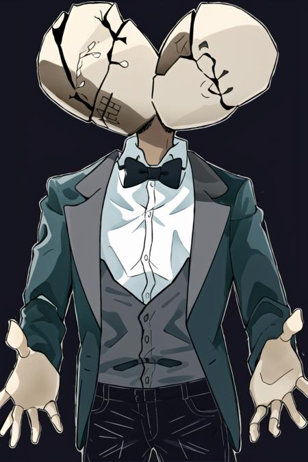 Maestro, solo, simple background, shirt, 1boy, jacket, white shirt, male focus, collared shirt, pants, bowtie, black bow, black pants, suit, black bowtie, bald, <lora:Maestro:1>, double head, waving, cowboy shot, wide shoulders, hand on back