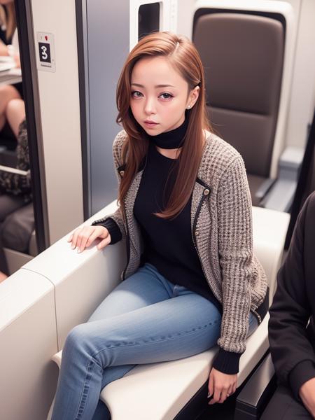 solo, a woman,(looking away), (parted lips,light smile),(shiny skin:1.1),blush, (in japanese high speed train), sitting, wearing jacket and sweater, pants, skindentation, wide angle shot, full body, best quality, ultra high res, (photorealistic), (detailed face and eyes), <lora:namieamurov1:1> namie amuro,