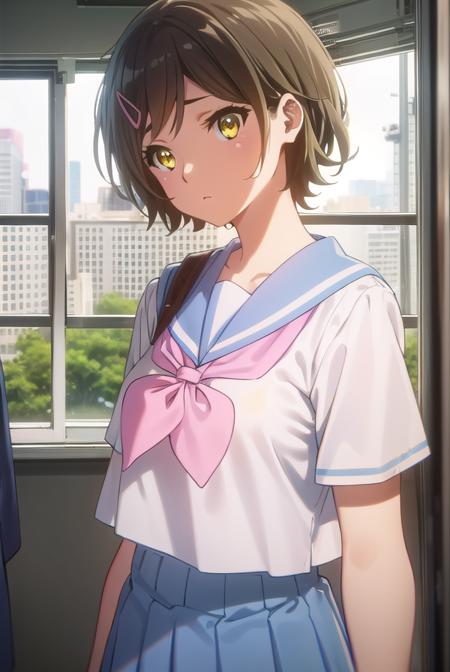 hazukikatou, <lora:hazuki katou s2-lora-nochekaiser:1>,
hazuki katou, short hair, brown hair, hair ornament, (yellow eyes:1.3), hairclip,
BREAK skirt, shirt, school uniform, white shirt, short sleeves, pleated skirt, serafuku, sailor collar, blue skirt, neckerchief, blue sailor collar, school bag, (pink neckerchief:1.2), kitauji high school uniform,
BREAK indoors, classroom,
BREAK looking at viewer, (cowboy shot:1.5),
BREAK <lyco:GoodHands-beta2:1>, (masterpiece:1.2), best quality, high resolution, unity 8k wallpaper, (illustration:0.8), (beautiful detailed eyes:1.6), extremely detailed face, perfect lighting, extremely detailed CG, (perfect hands, perfect anatomy),