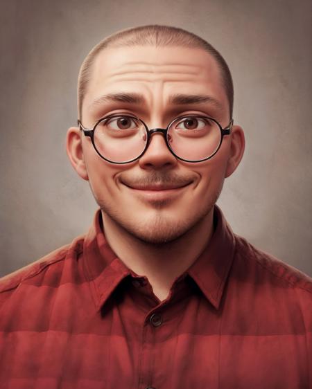 anthony fantano, handsome man, (closeup:0.6) portrait, upper body, pixar style, smirk, sharp focus, absurdres, masterpiece, clean plain red and black flannel pattern background, dynamic pose, (profile:0.5)  <lora:add_detail:1>, round thin glasses <lora:diffusiondudes_AnthonyFantano_V1-12:0.9>