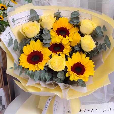 bouquet,yellow rose,pyrethrum parthenium,sunflower,eucalyptus,yellow packing ,eucalyptus,<lora:BouquetLatin_V13:1>