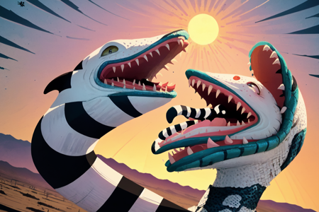 <lora:beetlejuiceSandy:.75>  sammie sandworm, snake, (no humans),open mouth, tongue, teeth, kawaii, sunset, mojave desert, (best illustration), (beetlejuice), kawaii, (masterpiece, best illustration), (dynamic angle),pov ,