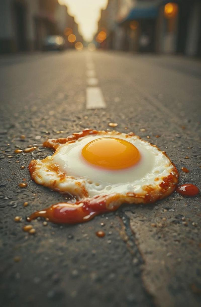 An egg yolk on a wet road with a ketchup smear.