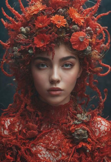A model, hyper realistic faces, goddess, she is wearing a beautiful long flowing vivid red dress made entirely of red sea urchins and anenome tentacles, highly detailed portrait photography with depth of field,
Wide range of colors., Dramatic,Dynamic,Cinematic,Sharp details
Insane quality. Insane resolution. Insane details. Masterpiece. 32k resolution.
<lora:add-detail-xl:0.95> <lora:dvr-lnds-sdxl:0.3> dvr-lnds-sdxl <lora:MJ52:0.25> <lora:ral-apoctvisn-sdxl:0.3> ral-apoctvisn <lora:zavy-cntrst-sdxl:0.35> dark, chiaroscuro, low-key <lora:zavy-rmlght-sdxl:0.41> zavy-rmlght <lora:SDXLFaeTastic2400:0.225>