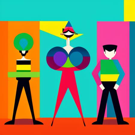 4 man and female standing, cartoon mans, vibrant geometric abstractions, cinestill 50d, abstract minimalism appreciator,,editorial illustrations, vivid multicolored wall, wealthy portraiture ,playful streamlined forms, streamlined forms, wealthy portraiture,  background is playful abstracted shapes, colorful animation stills,