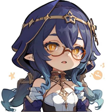 ahegao, naughty face, <lora:gstamp_02-000008:0.8>, (chibi), (big head, close-up face), (upper body), simple background, white background, emoji, emote, eyewear on head, <lora:layla_02:0.6>, layla, genshin impact, 1girl, blue hair, yellow eyes, pointy ears,