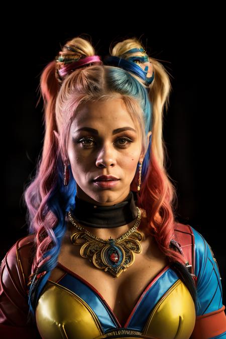 A stunning intricate full color up close portrait of paigeVanZ1 , dressed up as full body Harley quinn jester outfit , epic character composition, by ilya kuvshinov, alessio albi, nina masic, sharp focus, natural lighting, subsurface scattering, f2, 35mm