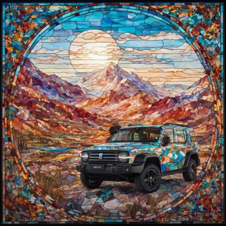 Stained glass style gwm txxx 300, complete car, closeup,  driving on the mountain, vignette . Vibrant, beautiful, translucent, intricate, detailed