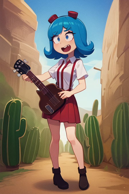 FridaSuarezv1.5, blue hair, red gogles, red skirt, shite shirt, suspenders, playing a red skull shaped guitar, in an old cowbow town in the desert. Rolling cactus plants.