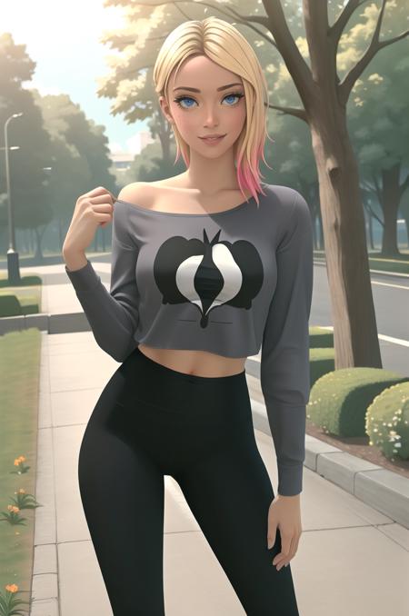 <lora:GwenStacy-v1-06:0.7>, ChopioGwenStacy, realistic, short hair, blonde hair, gradient hair, (sidecut, undercut:1.1), blue eyes, (freckles:1.1), lips, nose, (eyebrow piercing:1.2), eyeshadow, mascara, makeup, (looking at viewer:1.3), medium breasts, outfit_1, grey shirt, animal print, crop top, off-shoulder shirt, long sleeves, sleeves pushed up, yoga pants, black leggings, tight pants, outfit_1, yoga pants, black leggings, tight pants, unworn shirt, topless, nipples, nsfw, outfit_1, yoga pants, black leggings, tight pants, no panties, torn pants, topless, nipples, nsfw,