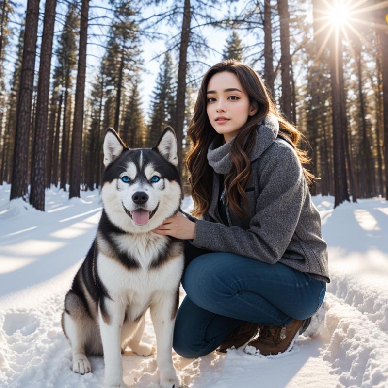 A woman posing with her dog in the snow.