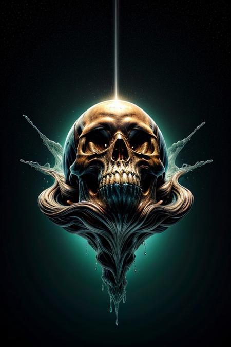 A close-up photorealistic image of a crystal-like floating skull facing dynamic view with its mouth open, pouring from it's mouth a shimmering liquid resembling the universe onto the ground, filled with rich stars and swirling galaxies. A simple void background enhances the dark atmosphere, shrouded in fog, capturing the hypnotic flow and shimmer of the cosmic liquid, form above,