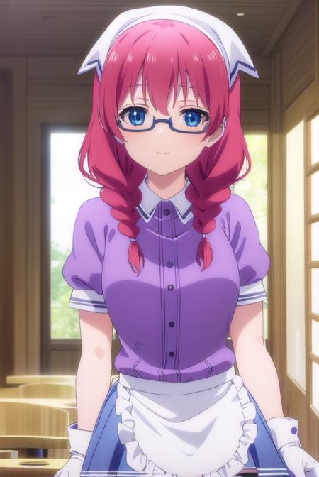 miuamano, <lora:miu amano s1-lora-nochekaiser:1>,
miu amano, long hair, bangs, blue eyes, braid, red hair, glasses, twin braids, semi-rimless eyewear, under-rim eyewear, smile,
BREAK skirt, shirt, thighhighs, gloves, short sleeves, pleated skirt, glasses, puffy sleeves, white gloves, apron, white thighhighs, puffy short sleeves, waist apron, purple skirt, purple shirt, waitress, head scarf,
BREAK indoors, restaurant,
BREAK looking at viewer, (cowboy shot:1.5),
BREAK <lyco:GoodHands-beta2:1>, (masterpiece:1.2), best quality, high resolution, unity 8k wallpaper, (illustration:0.8), (beautiful detailed eyes:1.6), extremely detailed face, perfect lighting, extremely detailed CG, (perfect hands, perfect anatomy),