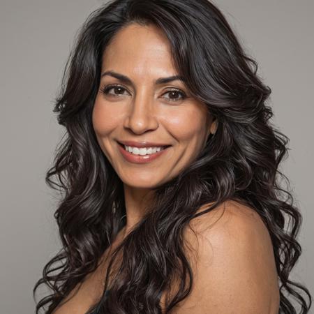 A realistic head and shoulders image of a Latina milf. she has long, wavy dark hair and a relaxed, seductive look on her face with a smile, and is facing the camera