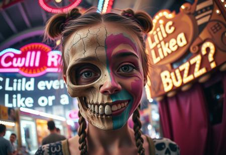 “A whimsical and surreal portrait of a girl with a distorted, comical face, featuring one eye larger than the other, vibrant face paint, and two playful braids in her hair. Half of her face is a real, bones skull, with detailed, decayed bone structure, exposing cracked and aged bones, and the skull appears lifelike yet worn with time. The other half is covered in exaggerated, colorful face paint. The skull gives off a gritty, almost macabre vibe, blending with the lively and hype atmosphere of the carnival. Captured using a 12mm fisheye cinematic prime lens for an exaggerated perspective. The setting is a lively carnival with neon lights, whimsical decorations, and a dreamy yet unsettling atmosphere. A rotten, old light banner in the background displays the text: ‘Could I receive a Like or Buzz?’ in flickering, uneven letters. The colors and contrasts are enhanced for a surreal effect, combining playful and eerie styles, with a mix of humor and dark visual artistry.”