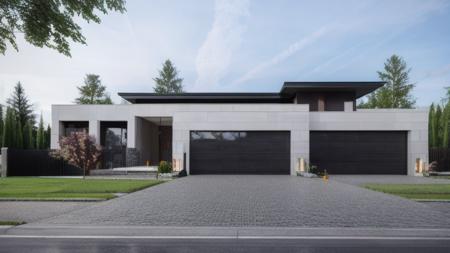 two story house with a garage and a large driveway, cloud, architecture, beautiful, masterpiece, best quality, super detailed, realistic, photorealistic, 8k, sharp focus <lora:AARG_villa:0.8>
