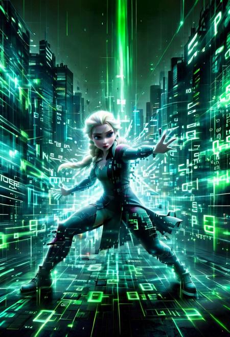 (digital, cyber style text) Elsa In a futuristic, digital world, Elsa stands in a fighting stance, with a cascade of green code falling in the background. Surrounding him are the iconic urban elements of the Matrix, including skyscrapers and dark alleyways. The scene is photographed from a dynamic angle, highlighting the realism of the digital effects and Elsa's intense focus. The lighting emphasizes the contrast between the dark, shadowy environment and the glowing green code, creating a thrilling and otherworldly atmosphere. 
 <lora:aidmaGlitchStyle-v0.1:0.75> glitch, flickering, digital, glitching
 <lora:SDXLFaeTastic2400:0.35>
 <lora:aidma-Image Upgrader-v0.1:0.4>