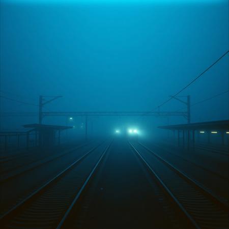 "A still, hauntingly beautiful evening train station, bathed in deep blue hues and thick, slow-moving fog. The camera lingers motionless above the tracks, capturing the eerie stillness—only the faint glow of distant station lights piercing the mist. Suddenly, a slow, ghostly movement: a single train arrives silently, its headlights cutting through the fog like dim searchlights. The air shimmers with floating particles, and the scene feels frozen in time, yet alive with tension. No people, no loud sounds—just the quiet hum of machinery and the occasional creak of metal. Cinematic, 4K, 35mm film grain, muted colors, surreal and dreamlike."