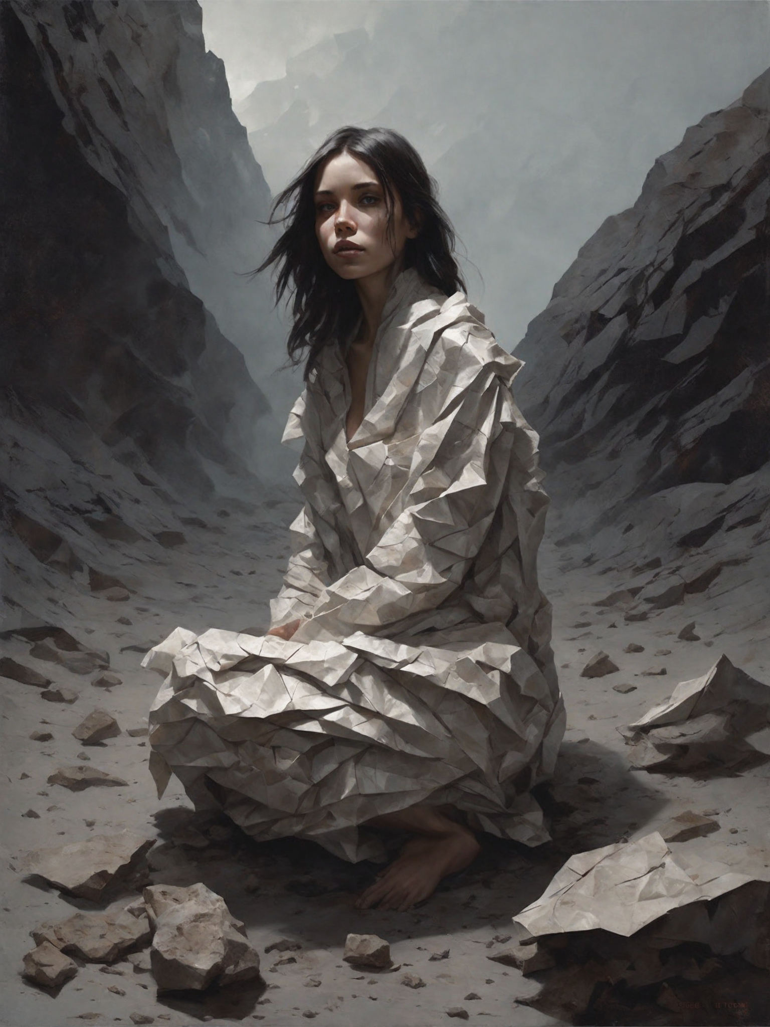 (artwork by greg rutkowski:1.2), a beautiful girl covered in crumpled paper, outer space, dry rocks environment. Dreamy di...