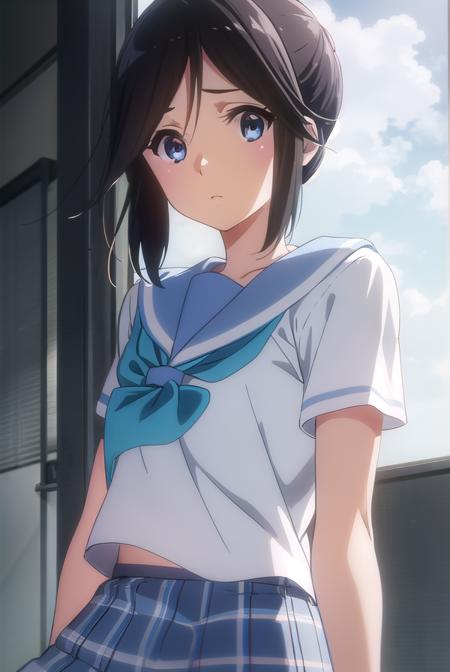 nozomikasaki, <lora:nozomi kasaki s2-lora-nochekaiser:1>,
nozomi kasaki, kasaki nozomi, long hair, blue eyes, black hair, ponytail, hair between eyes,
BREAK skirt, shirt, school uniform, white shirt, short sleeves, pleated skirt, serafuku, sailor collar, blue skirt, neckerchief, blue sailor collar, school bag, blue neckerchief, kitauji high school uniform,
BREAK indoors, classroom,
BREAK looking at viewer, (cowboy shot:1.5),
BREAK <lyco:GoodHands-beta2:1>, (masterpiece:1.2), best quality, high resolution, unity 8k wallpaper, (illustration:0.8), (beautiful detailed eyes:1.6), extremely detailed face, perfect lighting, extremely detailed CG, (perfect hands, perfect anatomy),