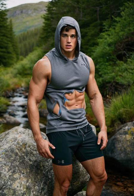 photo of josh hartnett a man <lora:Pietro-Bossili_Josh-Hartnett:1>, wearing a sleeveless well-fitted under armour hoodie and compression shorts, standing on a boulder, outdoor trail, 35mm photograph, film, bokeh, professional, 4k, highly detailed, creek in the background, natural lighting, golden hour
