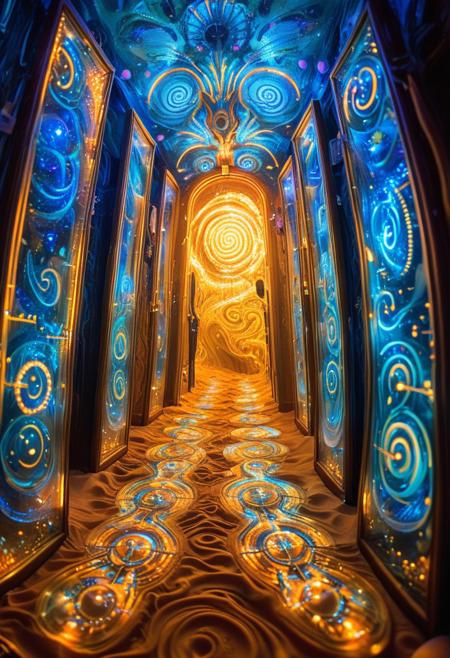 psychadelic, PsychadelicChaos, An infinite maze where the walls are woven from living, shifting bones fused with liquid metal. The corridors pulse like veins, glowing with an eerie, electric-blue luminescence. Doors materialize and vanish at random, each revealing different, impossible landscapes—a city built on the backs of giant, mechanical centipedes, a sky made of fractal glass, or a void filled with floating clocks that melt into gravity-defying waterfalls of golden sand. The air hums with an unearthly melody, bending space and twisting shadows into spiraling, ever-changing shapes.