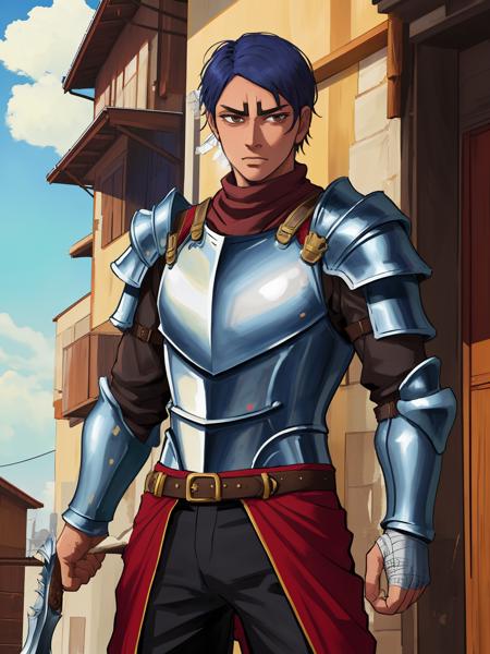 lideng,1male, eyebrows,outdoor,cowboy shot, solo, male focus,looking at viewer,armor, shoulder armor, bandages
 <lora:lideng:1>