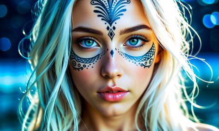 cinematic still Create a close-up image of a fantasy maidens face. Her skin glows with a soft, ethereal light and is adorned with neon tattoos that cover her face in intricate patterns. The tattoos emit a magical glow that illuminates her delicate features. Her eyes are large and bright, subtly changing between shades of blue and white, as if holding an ocean within them. Her long, silver hair frames her face, adding a splash of magic to the scene. The background features a starry sky that enhances the dreamy atmosphere, fantasy art . emotional, harmonious, vignette, 4k epic detailed, shot on kodak, 35mm photo, sharp focus, high budget, cinemascope, moody, epic, gorgeous, film grain, grainy, Create a close-up image of a fantasy maidens face. Her skin glows with a soft, ethereal light and is adorned with neon tattoos that cover her face in intricate patterns. The tattoos emit a magical glow that illuminates her delicate features. Her eyes are large and bright, subtly changing between shades of blue and white, as if holding an ocean within them. Her long, silver hair frames her face, adding a splash of magic to the scene. The background features a starry sky that enhances the dreamy atmosphere, fantasy art, ambient illumination, elegant, highly detailed, sharp focus, beautiful dynamic dramatic cinematic perfect artistic, very inspirational, innocent, vibrant colors, creative, cute, fantastic scenic full color, inspired, lovely