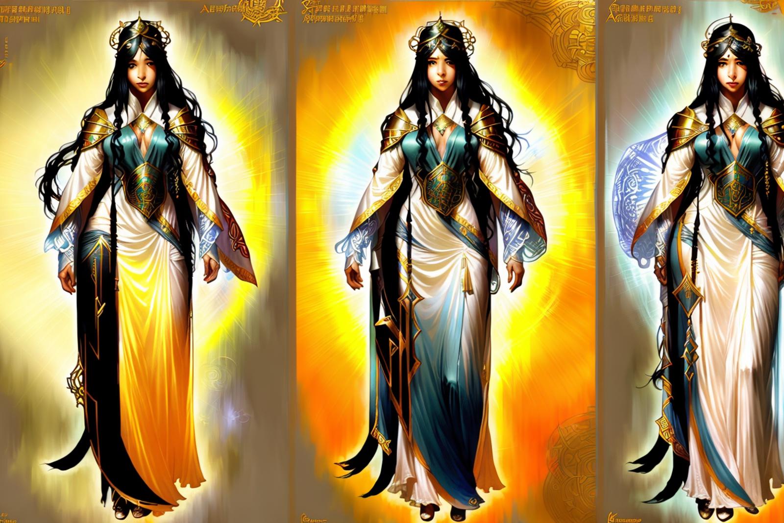 Fantasy concept [ character | costume | fashion ] design reference sheet of a chinese female sorceress ( in CCDHT artstyle...
