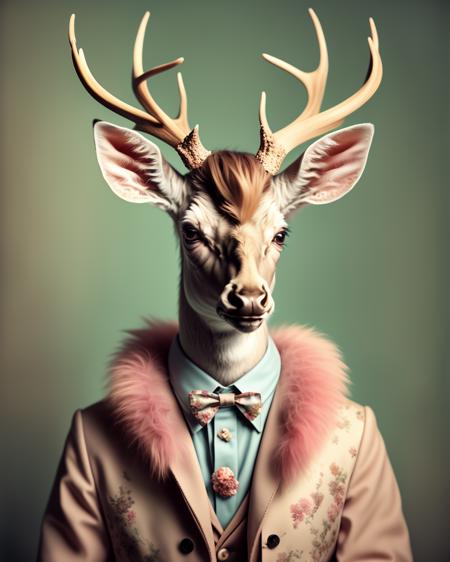 photo portrait of a deer    , Annabel Kidston, professional photo, a character portrait, kitsch movement,