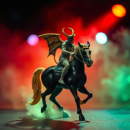 show me a wild version of a miniature toy. no lovey dovey but hard banging stuff. devil on a horse, red glowing fog in the background, 3 spotlights, red, blue and green, made out of, ebony, ivory, scrimshaw, bone carving, and dont forget the hyper details and ultra detail.