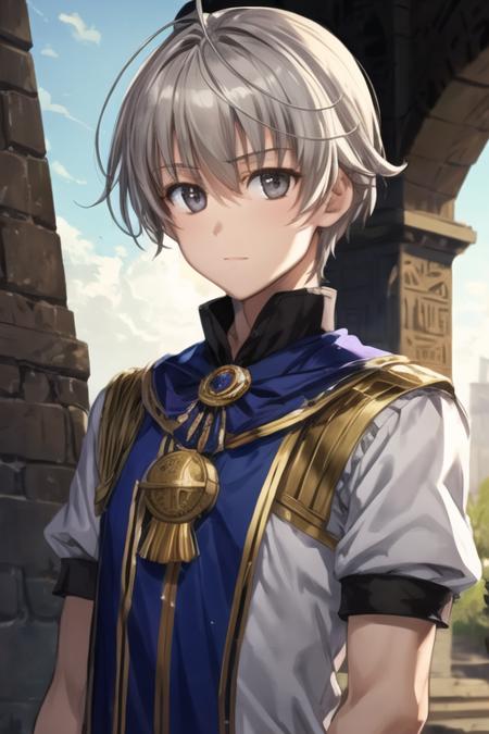 masterpiece, best quality, sketch, 1boy, solo, male focus, looking at viewer, upper body, , <lora:haruka_kasugano:0.72>, haruka_kasugano, grey hair, grey eyes, egyptian costume, The Tower of Oblivion: A stronghold where forgotten secrets and dark magic are hidden, HD-DVD