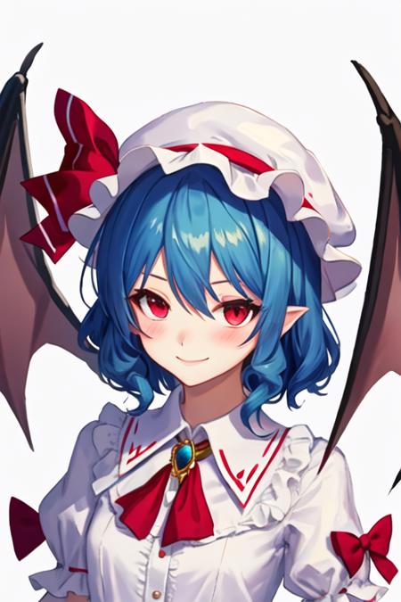 best quality, masterpiece, highres, solo, {remilia_scarlet_touhou:1.15}, red_eyes, short_hair, bat_wings, wings, ribbon, hat, blue_hair, mob_cap, hair_between_eyes, hat_ribbon, bangs, smile, upper_body, red_ribbon, 1girl, looking_at_viewer, white_background, white_headwear, bow, red_bow, simple_background, blush, dress, frills, white_dress