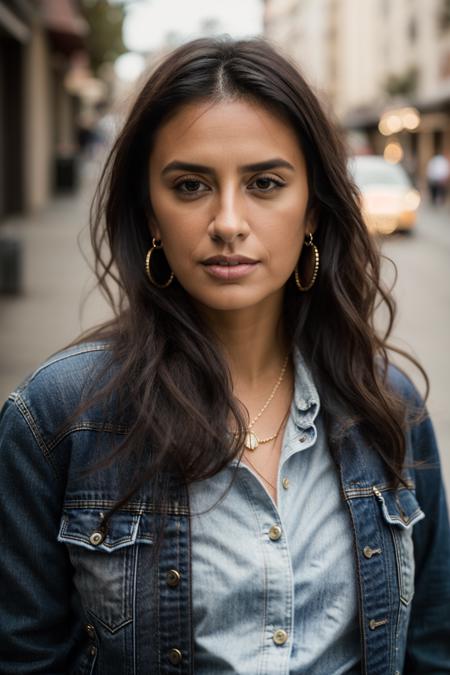 Realistic photo of a beautiful p3n3l0p3c-v2 woman,   1girl, solo, long hair, looking at viewer, brown hair, shirt, black hair, brown eyes, jewelry, jacket, upper body, earrings, lips, denim, messy hair, clothes writing, hoop earrings, realistic, leather jacket, denim jacket, soft lighting, professional Photography, Photorealistic, detailed, RAW, analog, sharp focus, 8k, HD, DSLR, high quality, Fujifilm XT3, film grain, award winning, masterpiece<lora:p3n3l0p3c-v2:1.0><lora:p3n3l0p3c-v2:1.0>