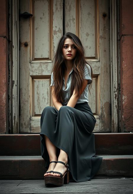 photograph of a woman, long messy brunette hair, looking away from the viewer, sitting on a step in front of a worn old door, wearing a revealing button down t-shirt, long skirt, platform shoes, light makeup, dismal day, cloudy, high dynamic range, vivid, rich details, clear shadows and highlights, realistic, intense, enhanced contrast, highly detailed