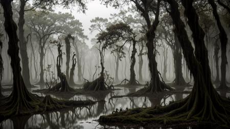 professional photograph
(A dark and eerie swamp filled with twisted trees and moss-covered cypresses, and home to strange and dangerous creatures lurking in the shadows. The air is thick with the smell of decay and rotting vegetation.:1.4)
<lora:add_detail(realistic):1>
((video grainyfilm)), natural cinematic lighting, ((professional photo highly defined))
realistic, best quality, photo-realistic
8k, best quality, masterpiece, realistic, photo-realistic