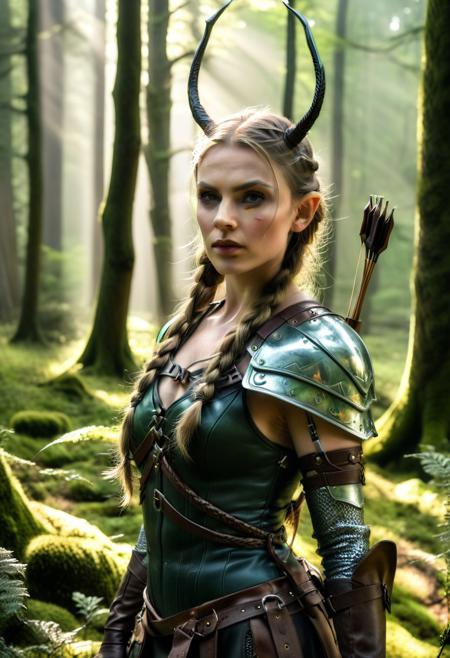 score_9, score_8_up, score_7_up, score_6_up, score_5_up, score_4_up, (absurdres, best quality, masterpiece:1.4), illustration, photorealistic, cinematic lighting, dynamic angle, perfect composition, long braid, leather armor, bow and arrow, pointed ears, green eyes, forest background, sun rays, mossy ground, dappled light, foggy atmosphere, mystical