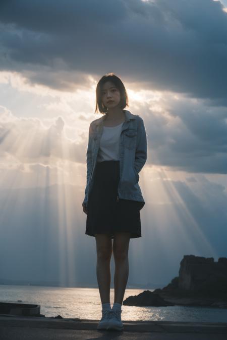 Best Quality,Masterpiece,Ultra High Resolution,(Realisticity:1.4),Original Photo,Cinematic Lighting,
1Girl,full body,light,light through the clouds, <lora:Tyndall effect-Light:0.6>