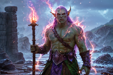 bioluminescent, an orc pit fighter with green skin, wearing minimal armor, holding a spiked mace, solo, from the Blazewind Clan, with fiery cloaks and wind-like markings, a riverbank with flowing water, rocky shore, scattered fish bones, detailed background, chanting war songs, raising a staff, exhausted, slumping posture, dynamic angle, wide shot, a training session with orcs sparring, wooden weapons clashing, dust rising, a wooden weapon rack with axes and spears, nearby, on a forge floor, soot-covered, thunderstorm, booming thunder, lightning strikes, heavy rain, mid evening, deep purple sky, stars visible, cool air, best quality, vibrant colors, photorealistic style, high detail, high-definition, hyper-realistic, extremely high-resolution details, fine texture, incredibly lifelike, realistic, not cartoon, not drawing, highres, 4K resolution, source photo, realistic photo, masterpiece, best quality, amazing quality, very aesthetic, ultra-detailed, detailed textures, natural lighting, soft lighting, desert tan tones, sandy beiges and yellows, firelight, warm orange flicker, side profile shot, full body visible, <lora:Mystic_Lumina_r1-000007:0.9>