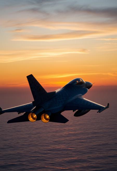 F-16 Falcon flying over the sea at sunset, leopard color