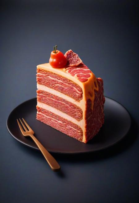 Slice of cake (made of wagyu), professional photography, dramatic shadows, aura, detailed,