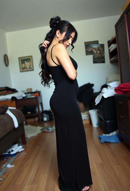 a (fully clothed:1.4) 26 year old white girl standing in a (messy bedroom:1.4) and looking down at floor while she puts her hair in a pony tail
wearing a long form fitting (black maxi dress:1.4) which accentuates her body
girl is 5'9" tall with a natural thick body and is slightly overweight, with pale skin, dully wavy dark black hair with, small boobs, slim waist, wide hips, thick thighs, naturally big butt
has on black eye shadow, black eye liner, and long fake eyelashes
side angle pov capturing the right side of the girl