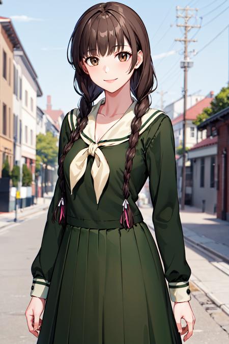 masterpiece, best quality, highres, aayoshino, long hair, twin braids, brown eyes, hair over shoulder, school uniform, sailor collar, neckerchief, green shirt, sailor shirt, long sleeves, green skirt, long skirt, <lora:shimazu_yoshino_v1:0.7>, standing, cowboy shot, smile, outdoors