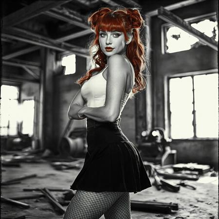 Zilcova1,
(Anton Corbin photography style), (gritty, high contrast, slow shutter speed, grainy), (film grain:1.5), (black and white, greyscale, B&W), film border, vignette, 
1woman, (thighs up photo, solo:1.15, (masterpiece), 1 woman, solo:1.15, 21 years old:1.1, tall, skinny, (flat chested), skinny hips, skinny legs, dynamic posing:1.35, humans on hip, hips tilted, bangs, ponytail, long hair, red hair, blue eyes, seductive eyes, pink eyeshadow, pink lower eyeshadow, full pouty lips, lips parted, seductive smile, blush, dynamic angle:1.3 tight White tank top:1.5, no bra,  covered nipples, standing, bangs:1.2, long wavy hair pulled back into twin buns:1.5, detailed light  eyes, she is wearing a tight tank-top, short pleated black skirt, fishnets, 
She is in an abandoned factory, urban decay, gritty, rusty old machinery, large windows, broken dirty windows, floor littered with old tools,  light rays shining through broken windows,  rim lighting,