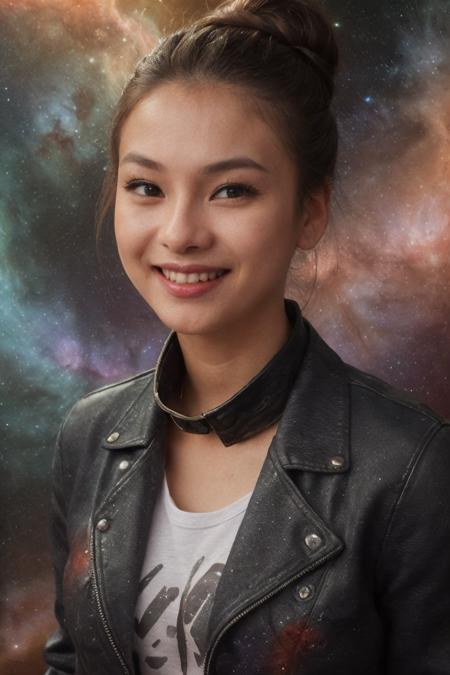 solo, realistic, (1girl), (asian) (woman), white skin, milky skin, (((Messy Bun with Face-Framing Strands))), (((smile512))), (((Classic Rock: Band tee, distressed jeans, leather jacket, and boots.))), (((Celestial Nebula with Swirling Cosmic Colors))), (((dynamic pose:1.5))), <lora:ReaLora:.2> detailed skin, <lora:PHA_-_Angeli_Khang_v2:1> angelikhang