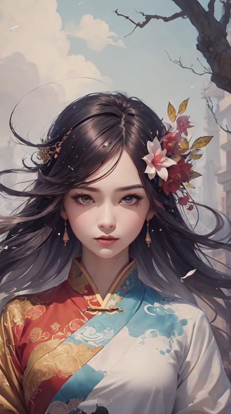 dramatic angle,(fluttered detailed ink splashs), (illustration),(((1 girl))),(long hair),(rain:0.6),(expressionless ,hair ornament:1.4),there is an ancient palace beside the girl,chinese clothes,(focus on), color Ink wash painting,(ink splashing),color splashing,((colorful)),[sketch], Masterpiece,best quality, beautifully painted,highly detailed,(denoising:0.7),[splash ink],yin yang