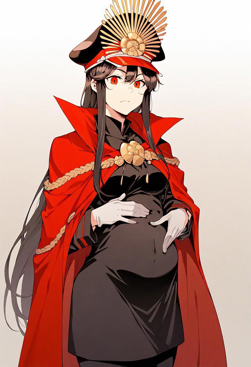 score_9, score_8_up, score_7_up, somejima_style, pregnant, 1girl, solo, masterpiece, source_anime, long hair, black hair, red eyes, peaked cap, military uniform, cape, jewelry, white gloves, covered belly, clothed belly, holding belly, standing <lora:Nobunaga:1>