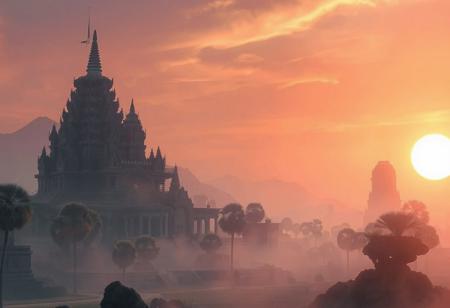 dawn of a new world, ancient cambodian temple in the mist of a futuristic alien landscape.